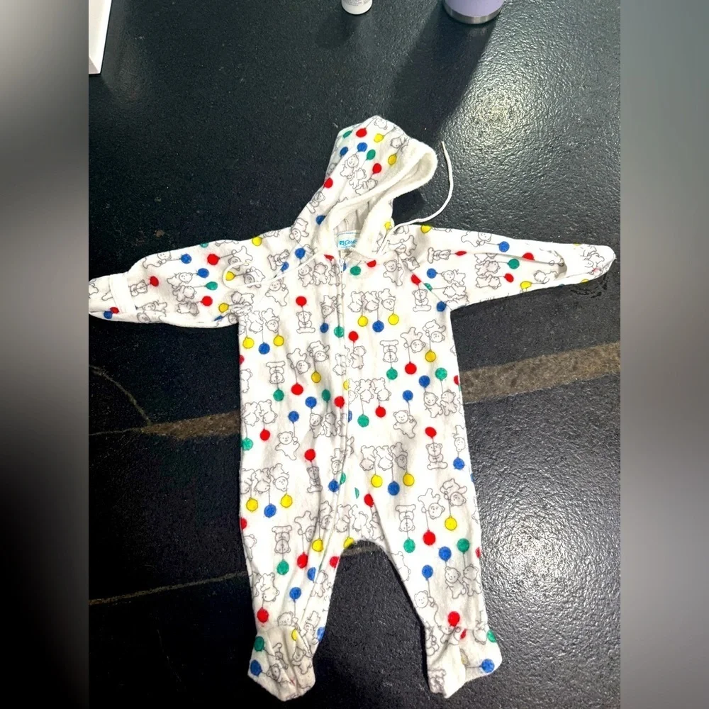 Vintage 80s Carter’s Hooded Footie Pajamas – Bears & Balloons –Small (10–20 lbs)
